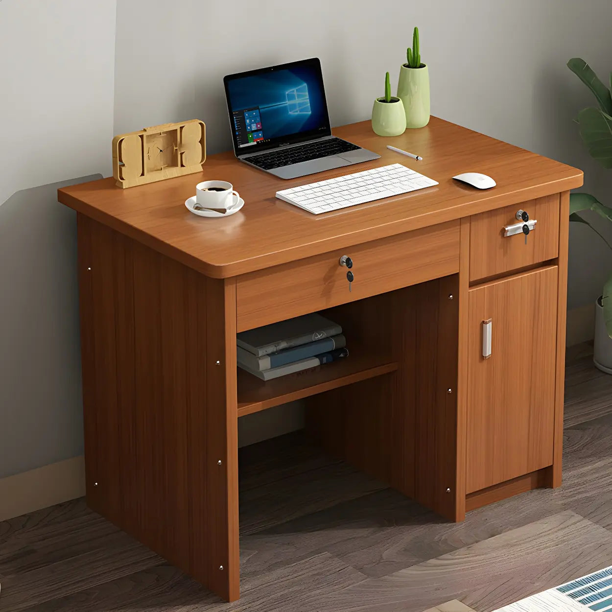 Wood Writing Desk with Locking Drawer — Light Brown / Table Only