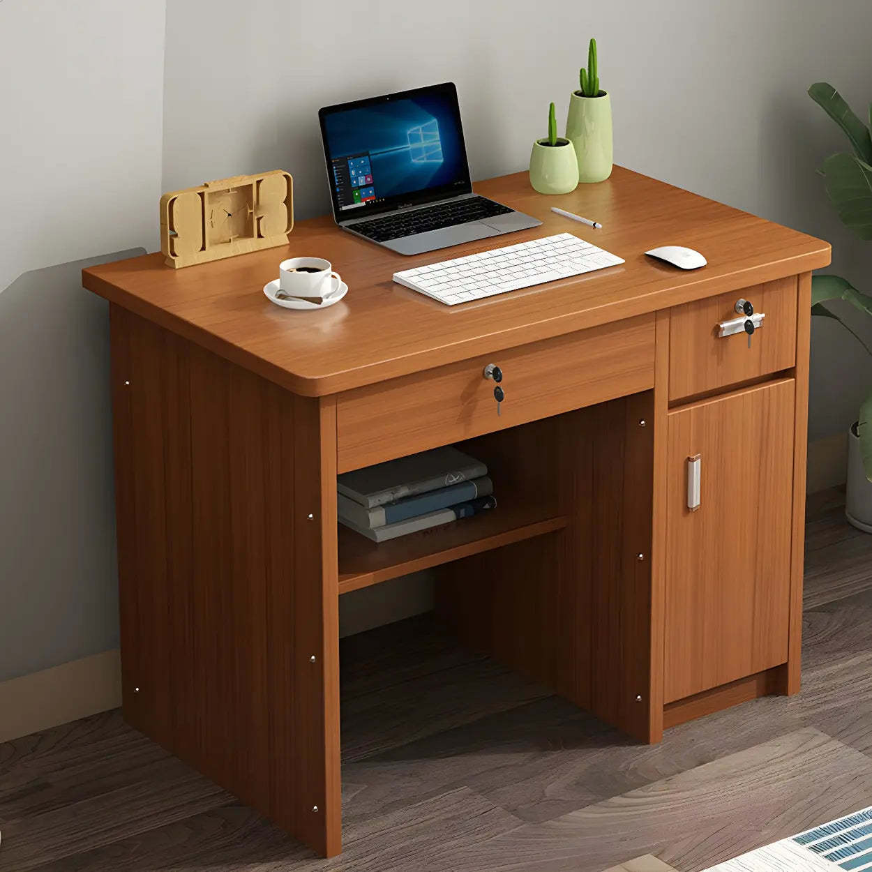 Wood Writing Desk with Locking Drawer — Light Brown / Table Only