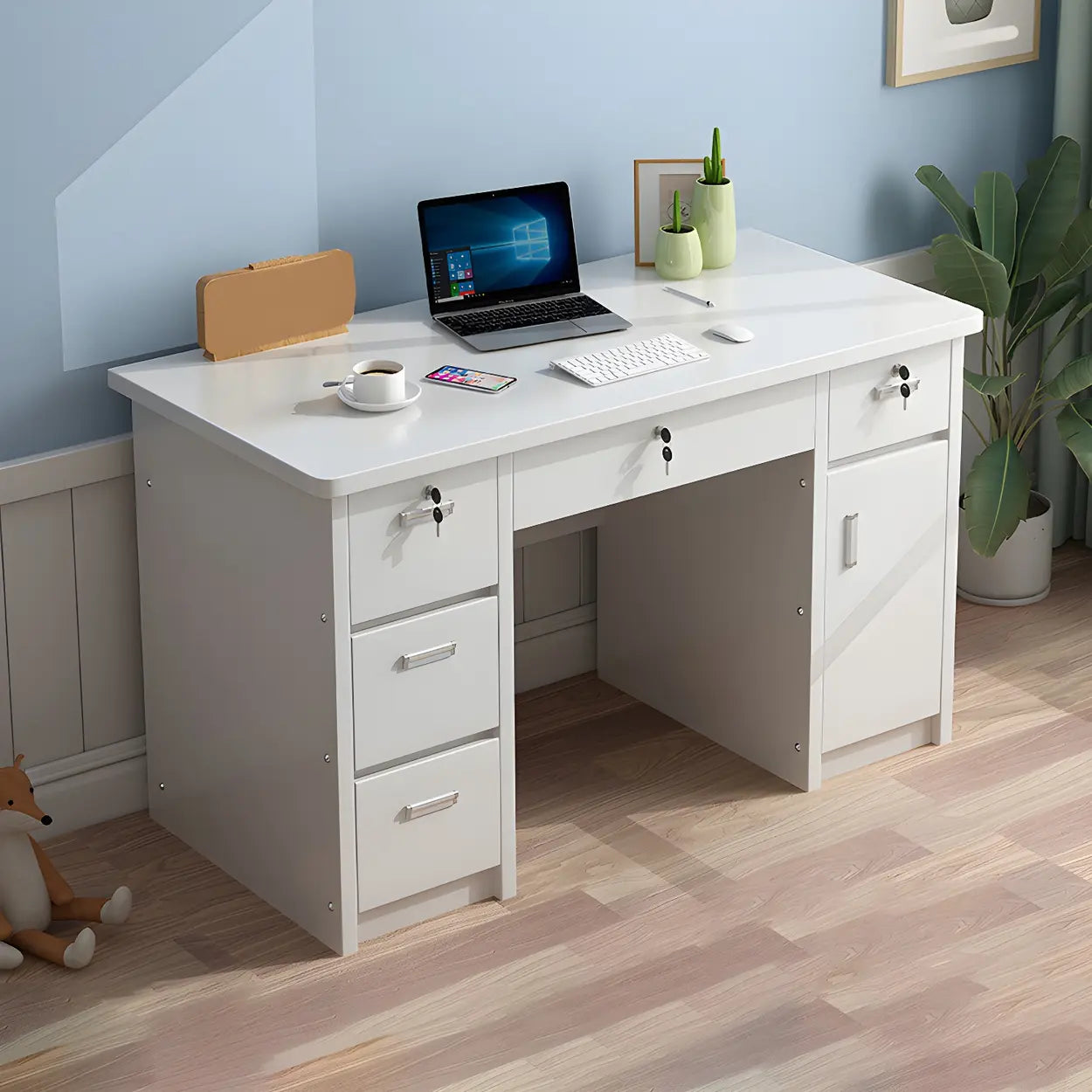 Wood Writing Desk with Locking Drawer — Off-White / Table Only