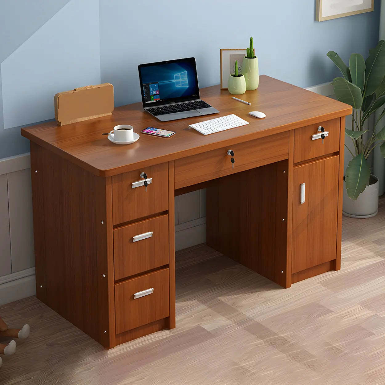 Wood Writing Desk with Locking Drawer — Light Brown / Table Only