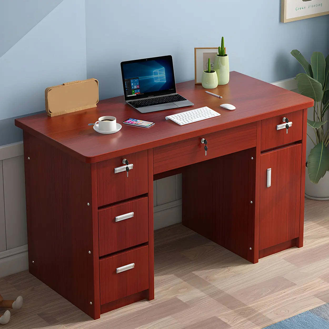 Wood Writing Desk with Locking Drawer — White / Table Only