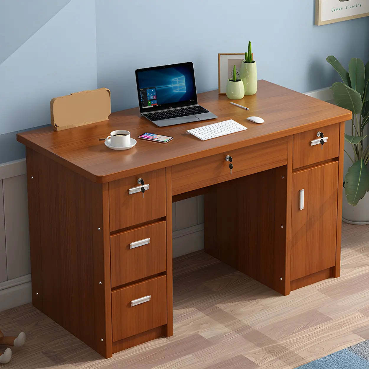 Wood Writing Desk with Locking Drawer — Off-White / Table Only