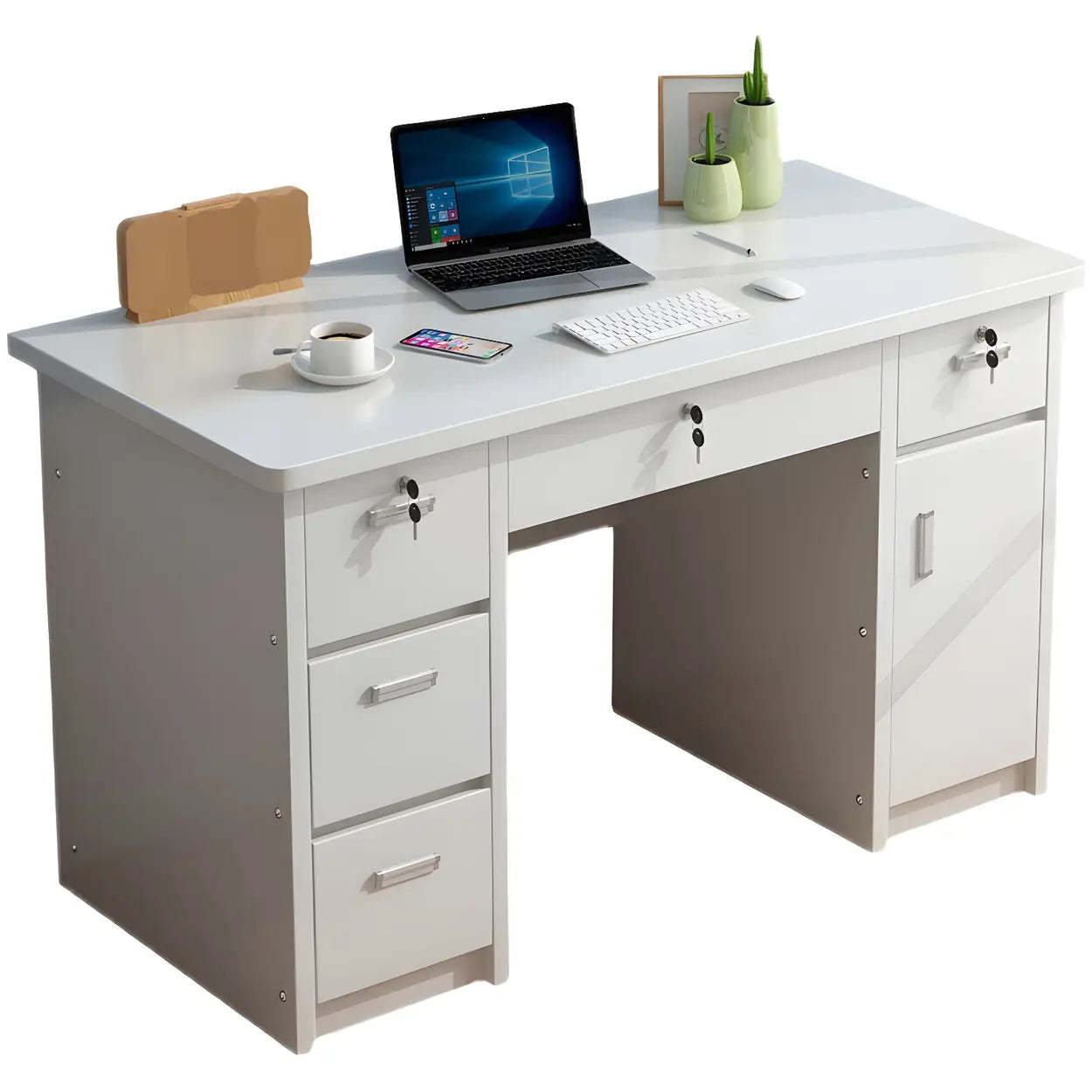 Wood Writing Desk with Locking Drawer — Red Brown / Table Only