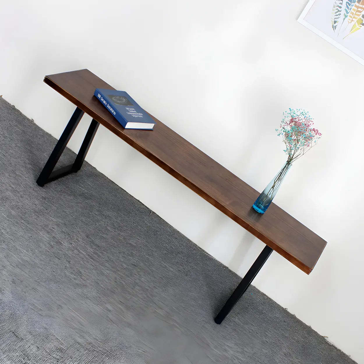 Modern Wood Entryway Bench with Metal Legs — Tan
