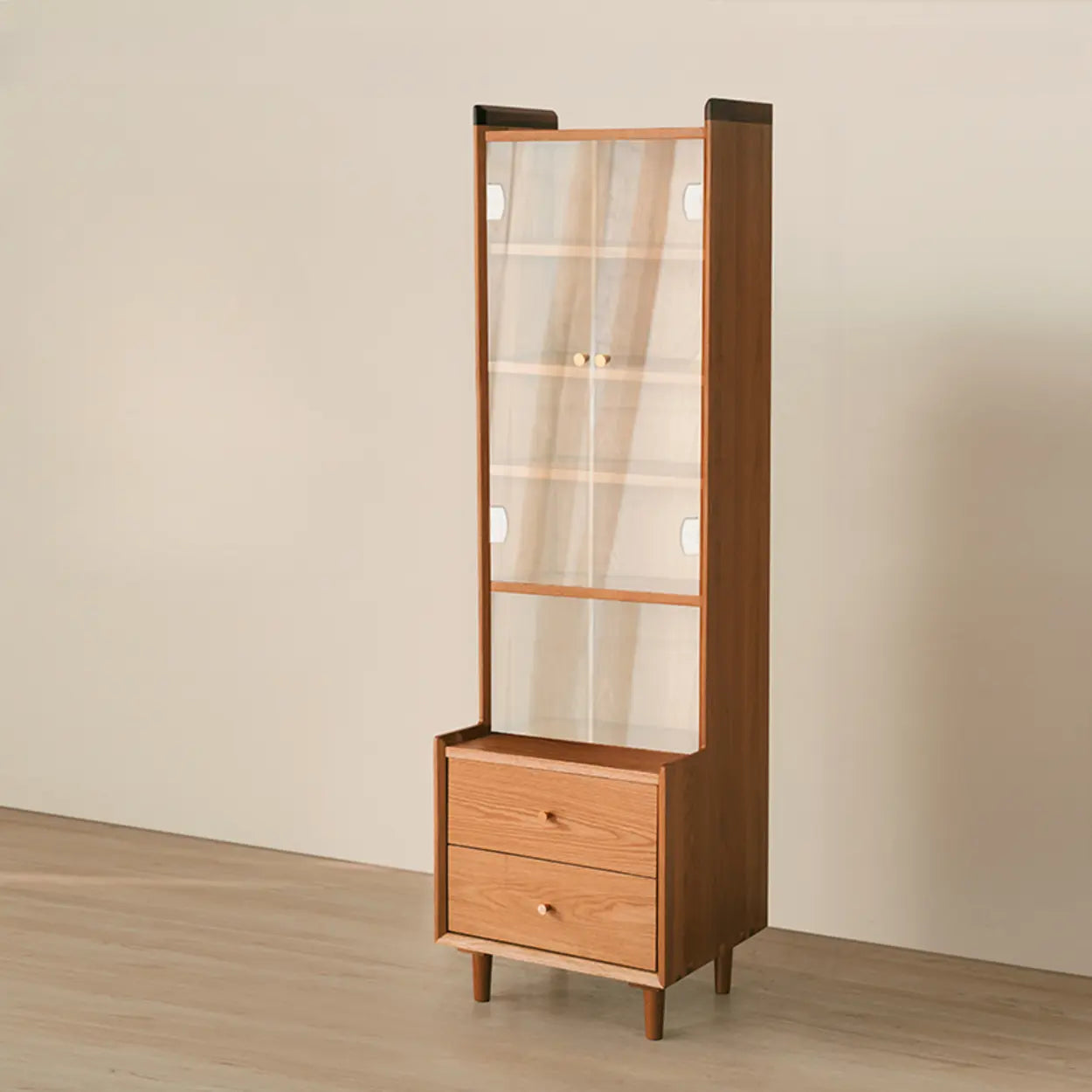 Brown Wood Freestanding Display Cabinet — Glass