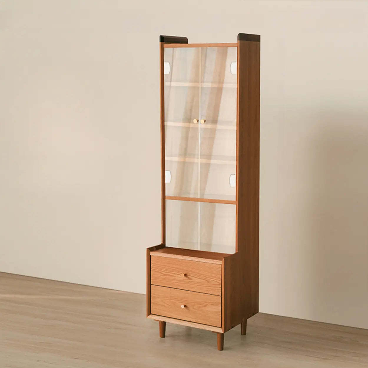 Brown Wood Freestanding Display Cabinet — Glass