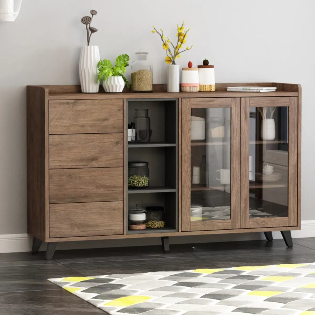 Wood Brown Glass Door Freestanding Floor Buffet