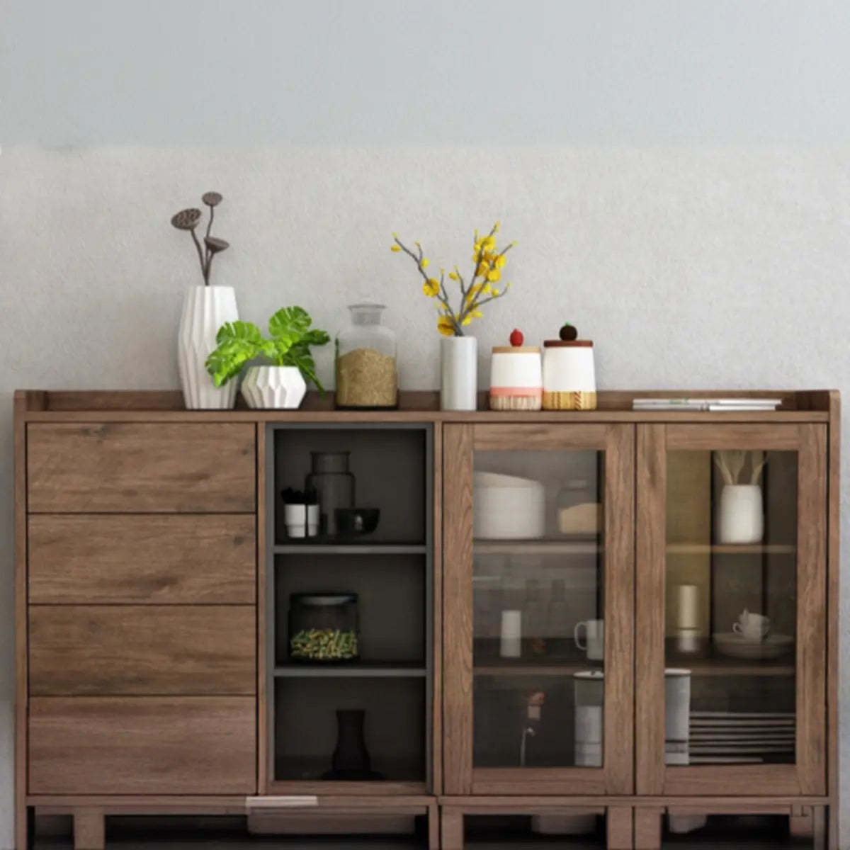 Wood Brown Glass Door Freestanding Floor Buffet — Dark Brown