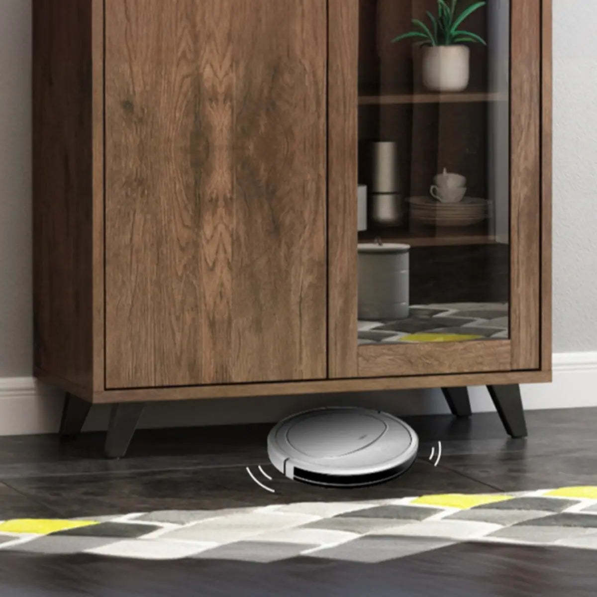 Wood Brown Glass Door Freestanding Floor Buffet — Dark Brown