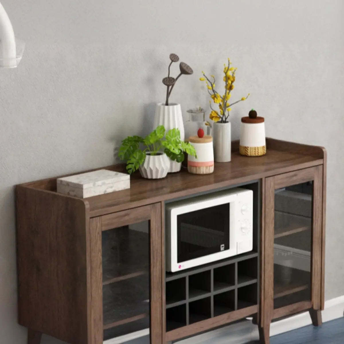 Wood Brown Glass Door Freestanding Floor Buffet