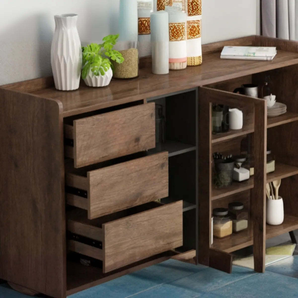 Wood Brown Glass Door Freestanding Floor Buffet