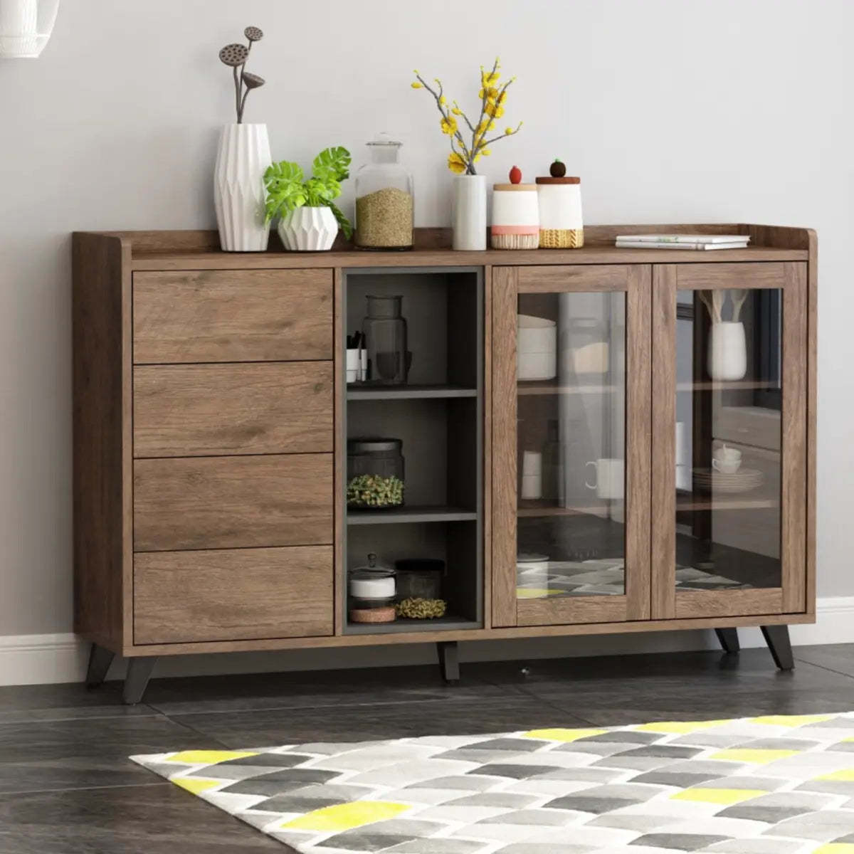 Wood Brown Glass Door Freestanding Floor Buffet — Brown