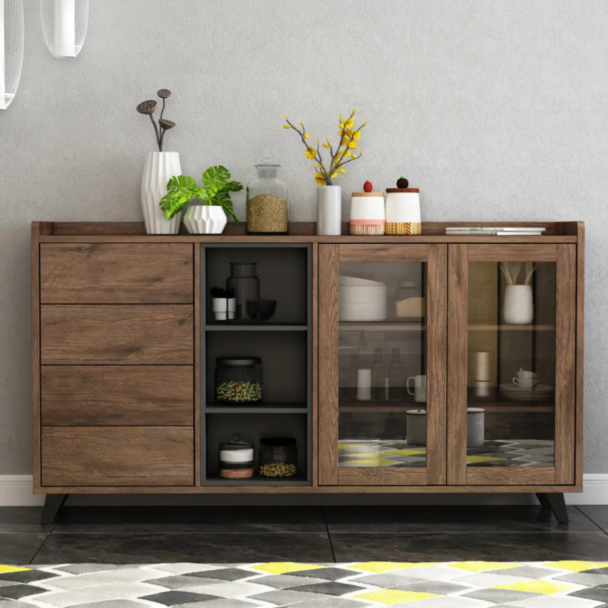 Wood Brown Glass Door Freestanding Floor Buffet — Brown
