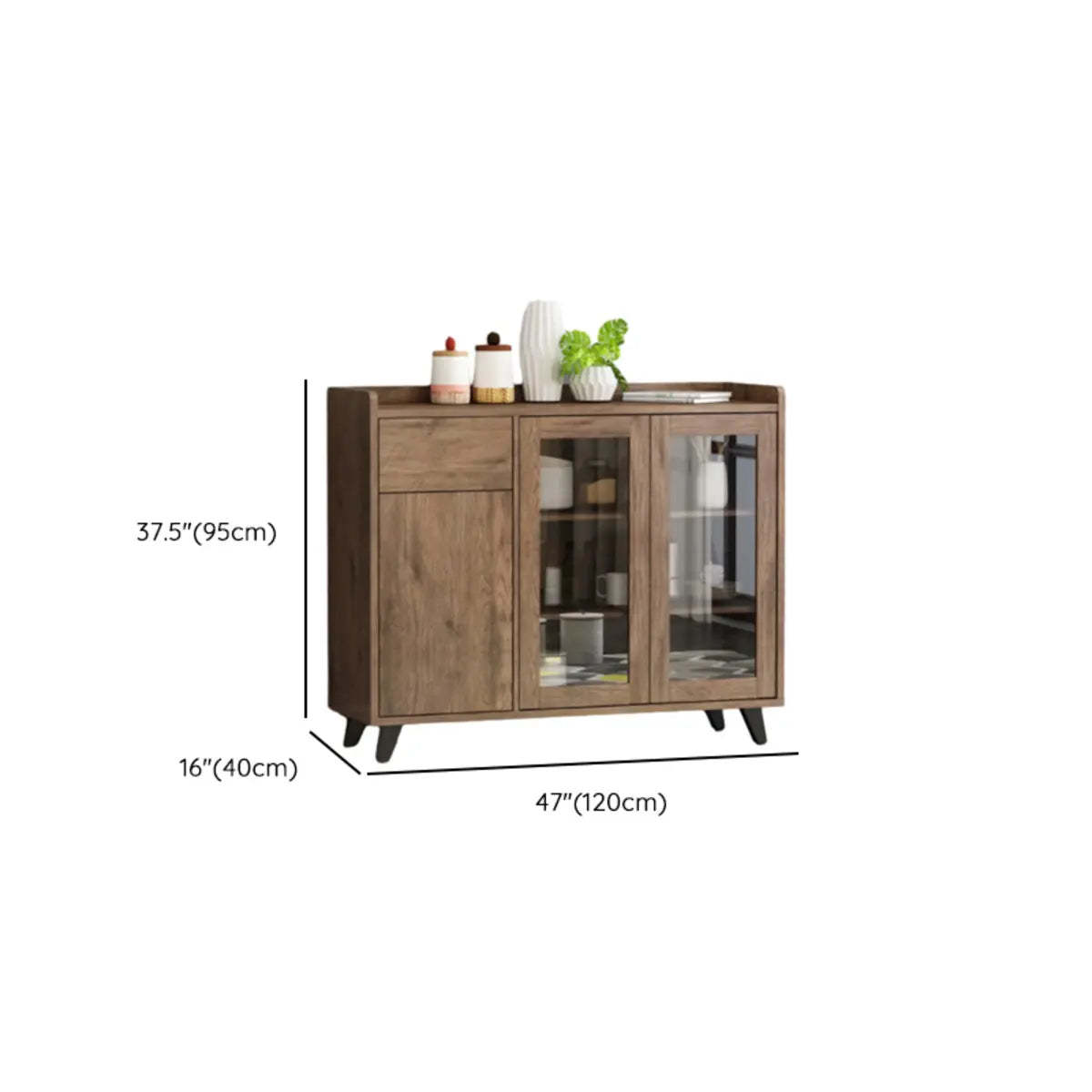 Wood Brown Glass Door Freestanding Floor Buffet