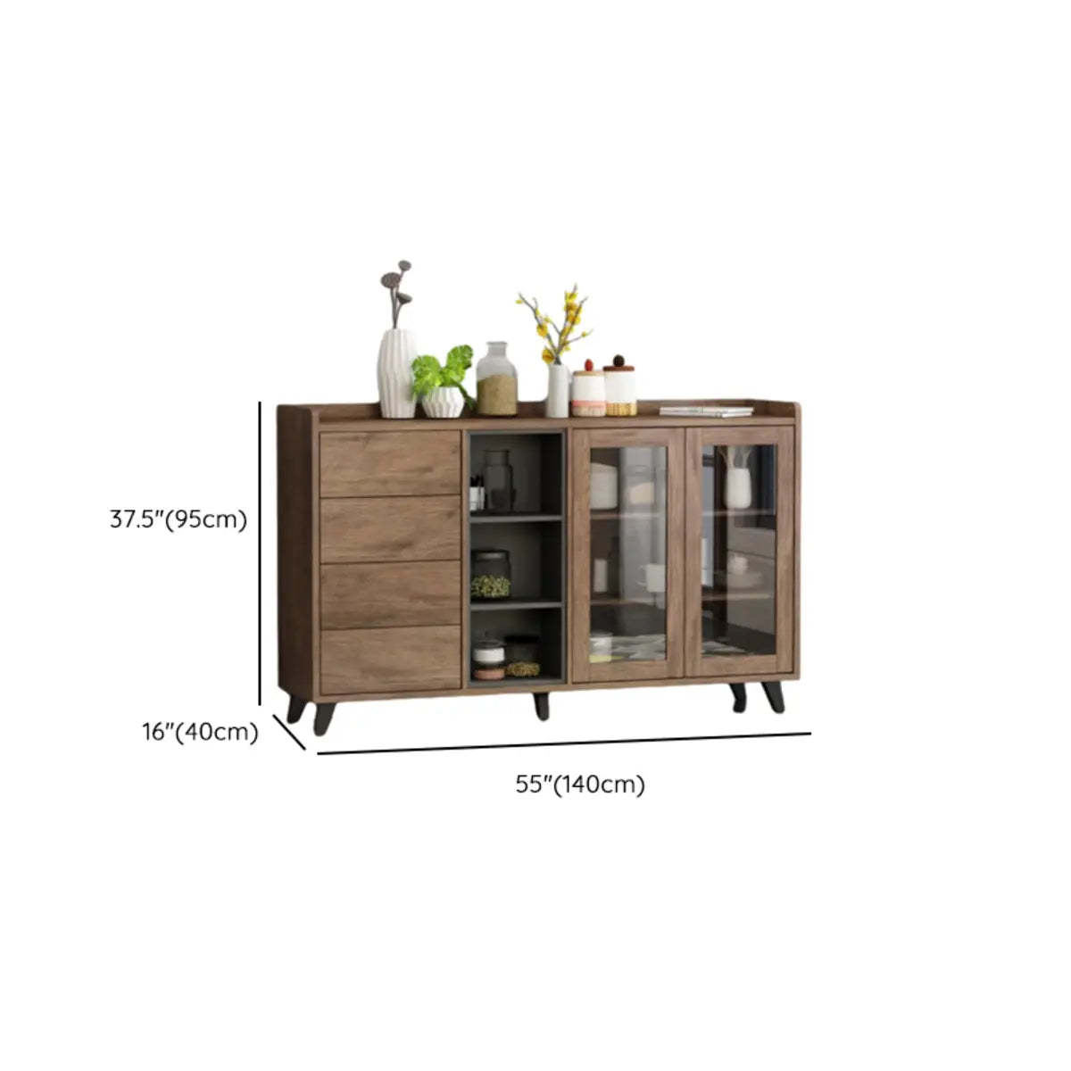 Wood Brown Glass Door Freestanding Floor Buffet