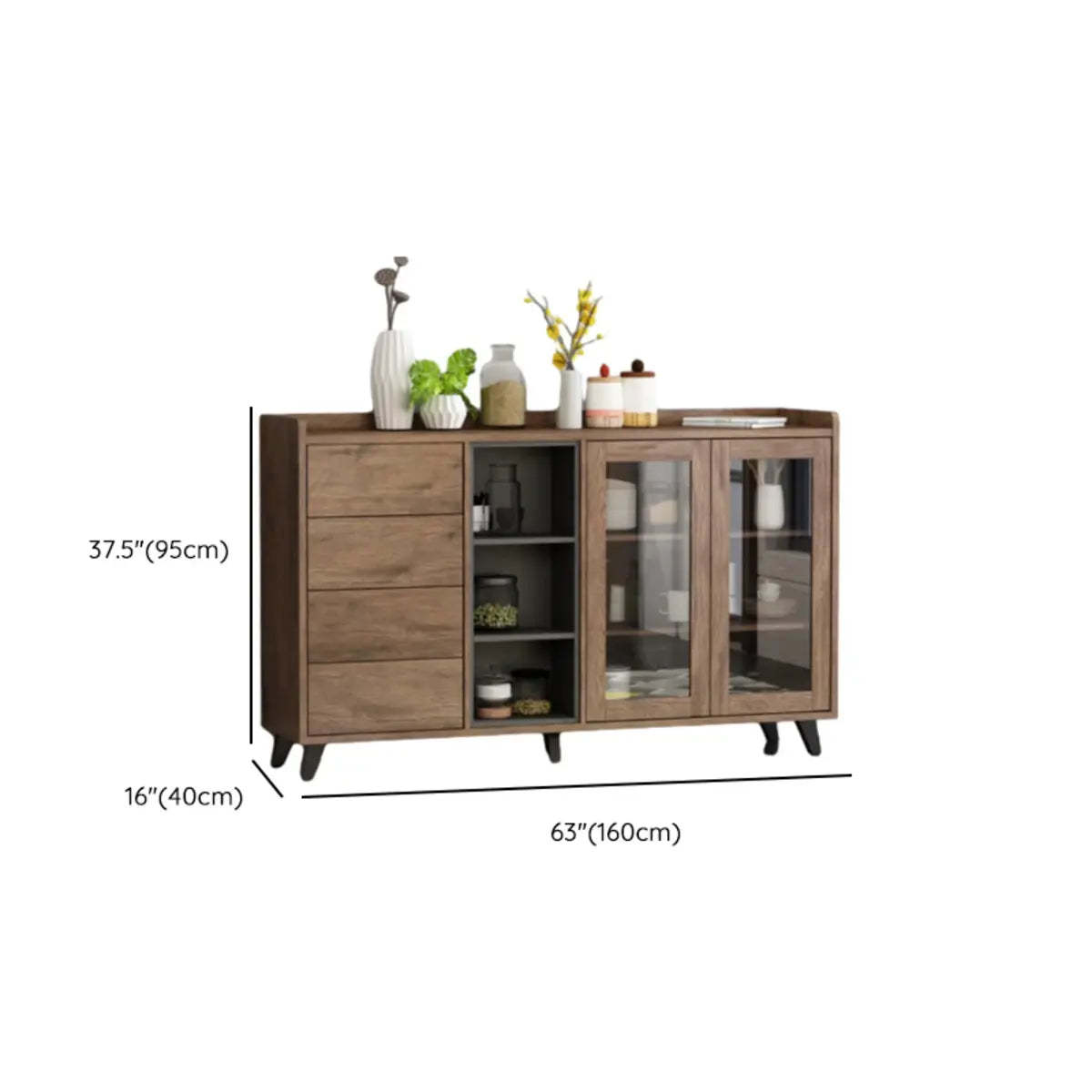 Wood Brown Glass Door Freestanding Floor Buffet