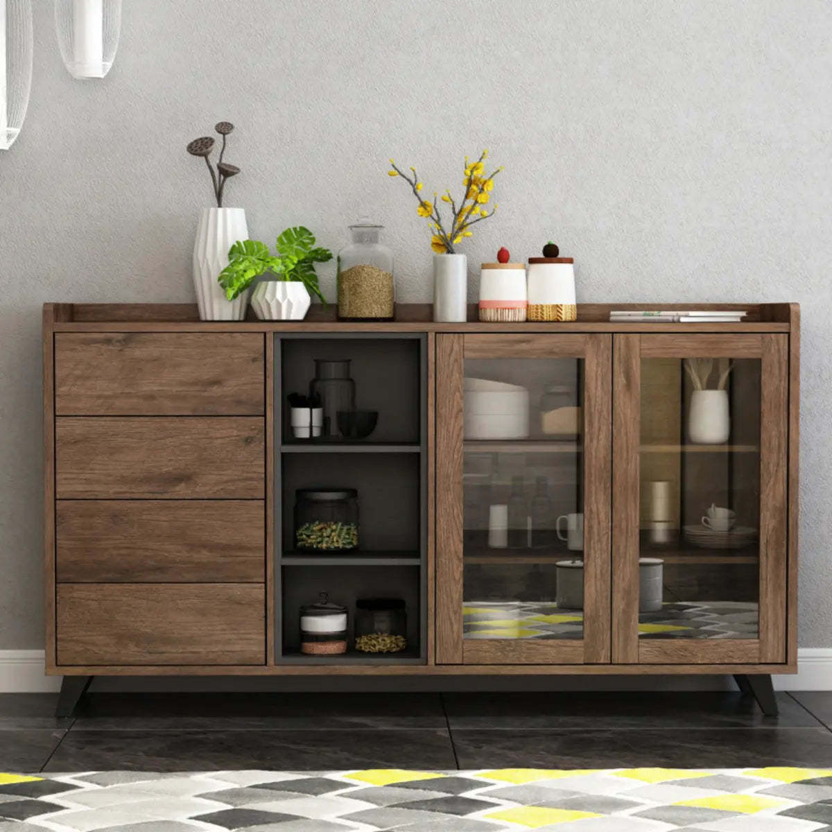 Wood Brown Glass Door Freestanding Floor Buffet — Brown