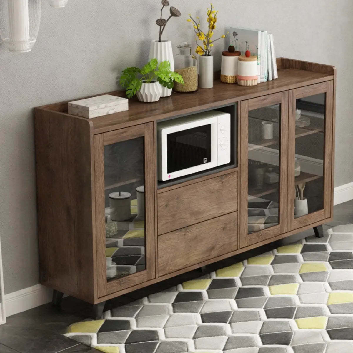 Wood Brown Glass Door Freestanding Floor Buffet — Brown