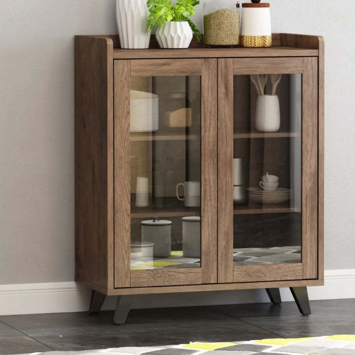 Wood Brown Glass Door Freestanding Floor Buffet — Dark Brown