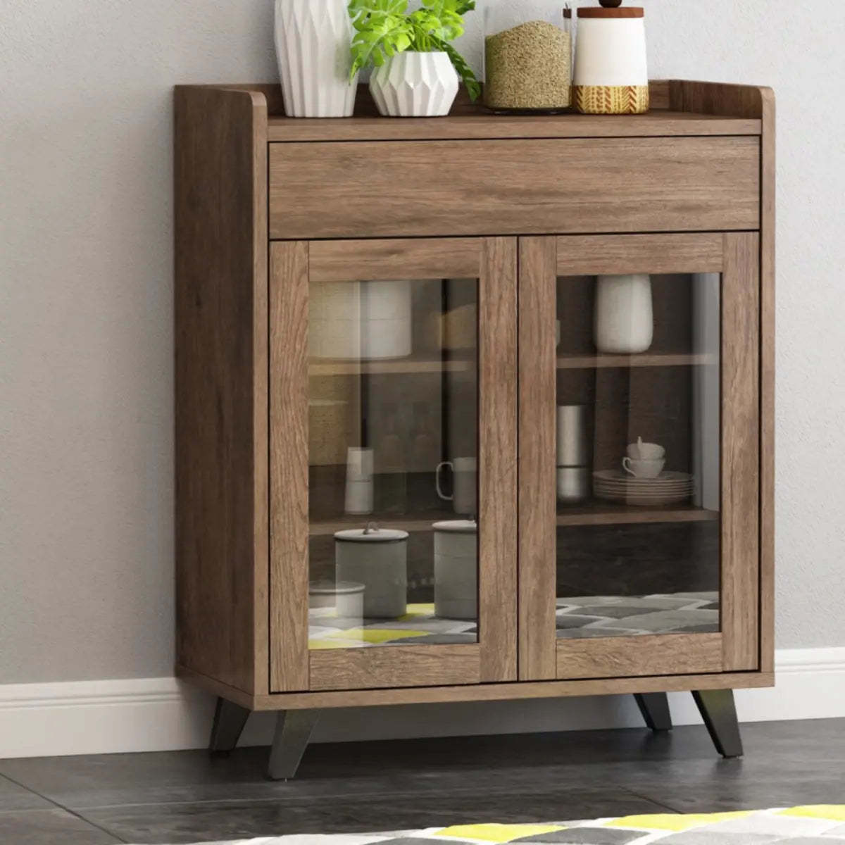 Wood Brown Glass Door Freestanding Floor Buffet — Dark Brown