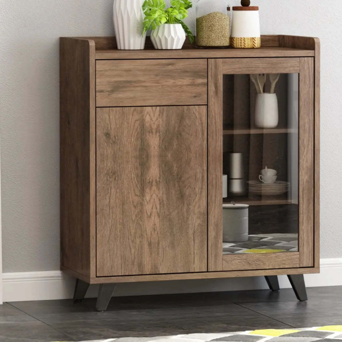 Wood Brown Glass Door Freestanding Floor Buffet — Dark Brown