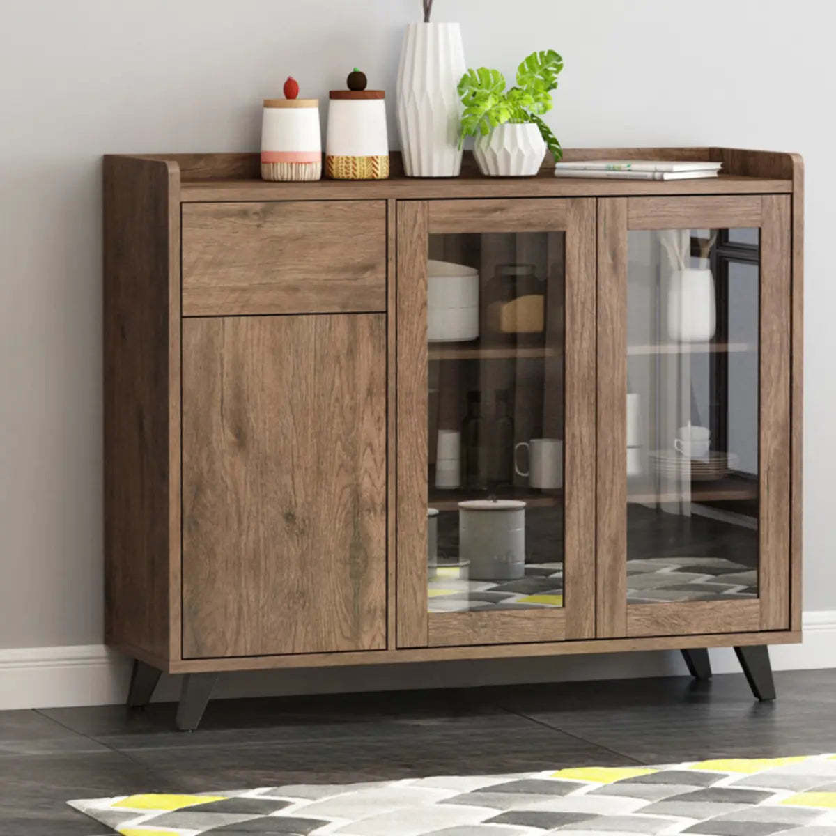 Wood Brown Glass Door Freestanding Floor Buffet — Dark Brown