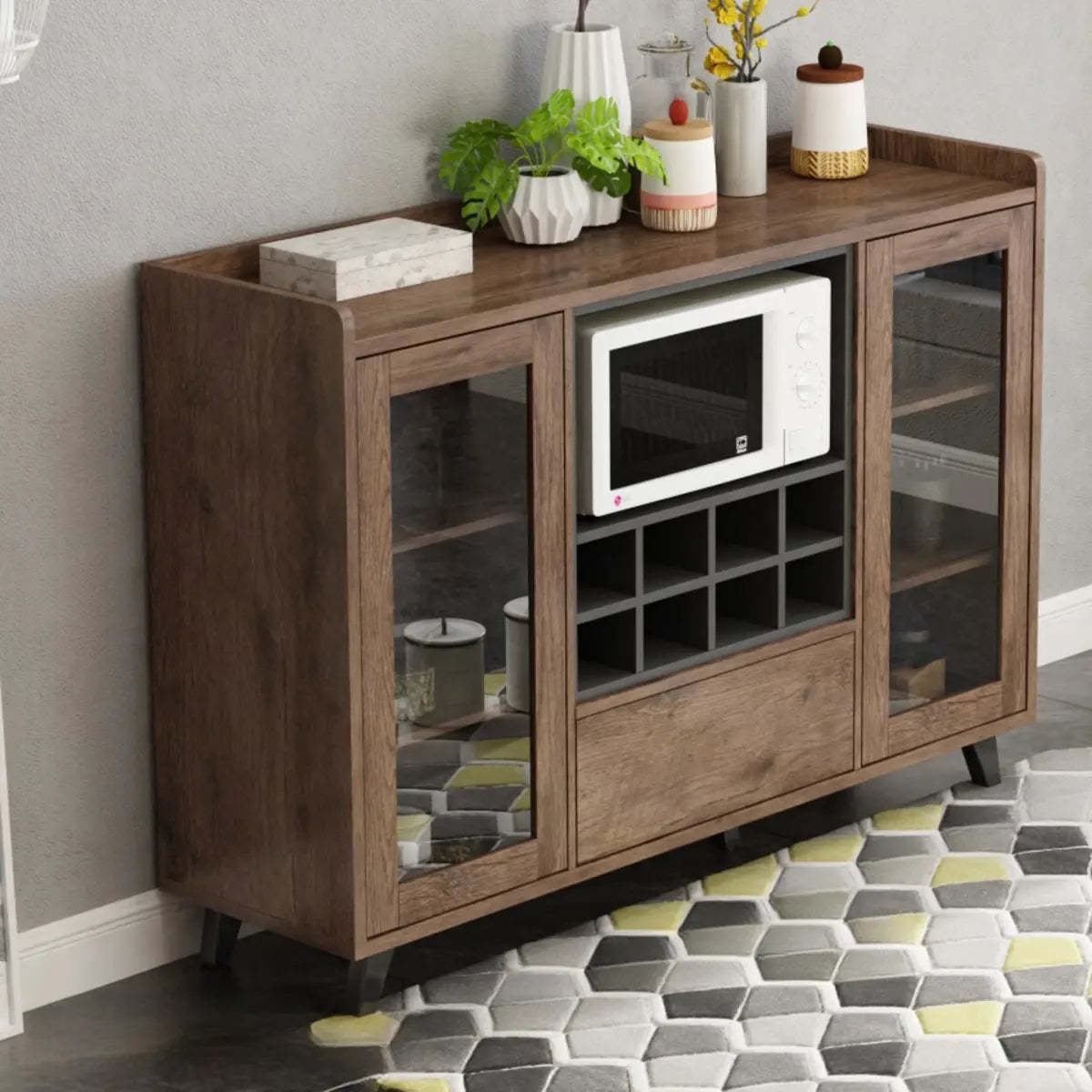 Wood Brown Glass Door Freestanding Floor Buffet — Dark Brown