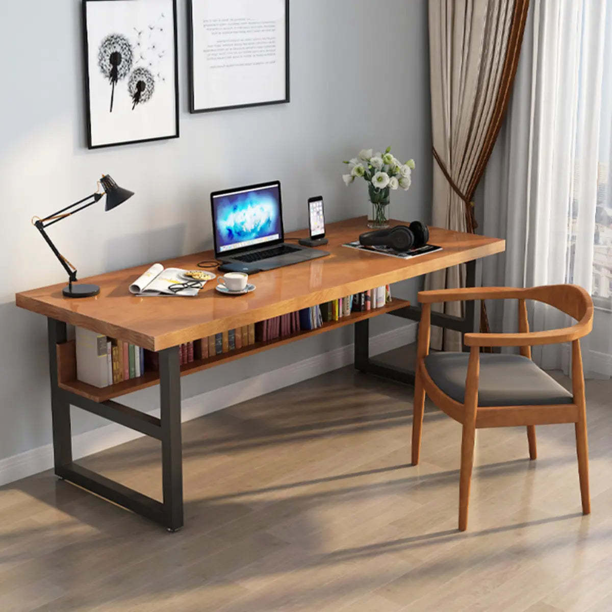 Brown Pine Butcher Block Sled Computer Desk — Without Chairs