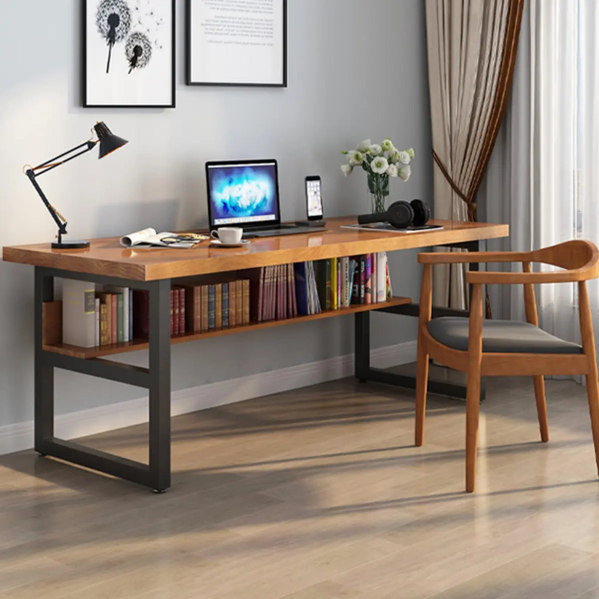 Brown Pine Butcher Block Sled Computer Desk — Without Chairs
