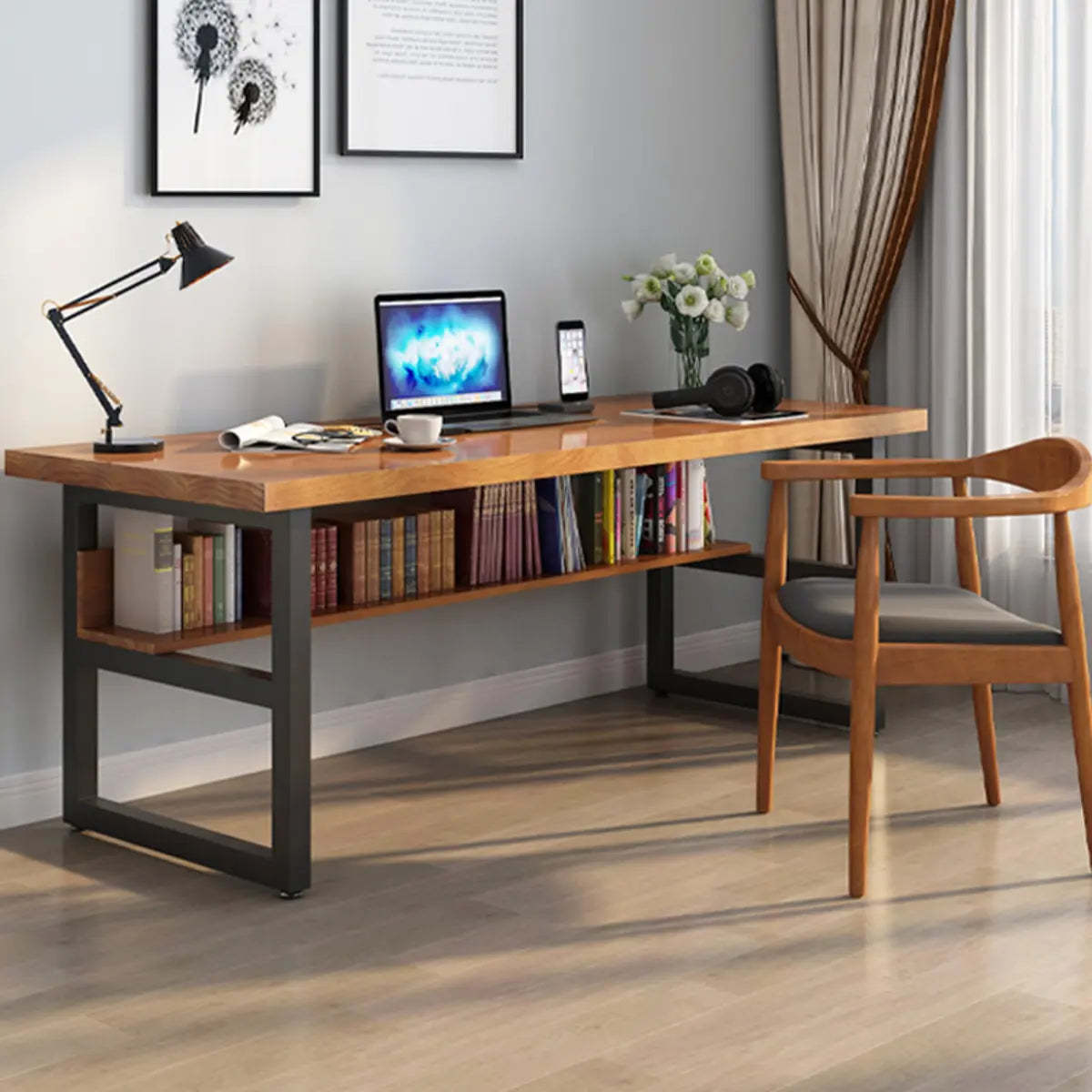 Brown Pine Butcher Block Sled Computer Desk — Without Chairs