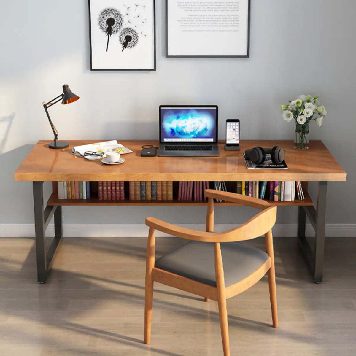Brown Pine Butcher Block Sled Computer Desk — Without Chairs