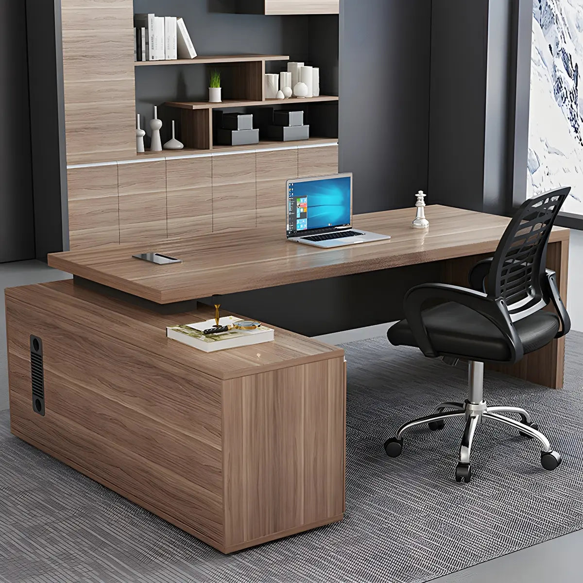 Wood L-Shape Computer Desk with Drawers Shelf and Cabinet