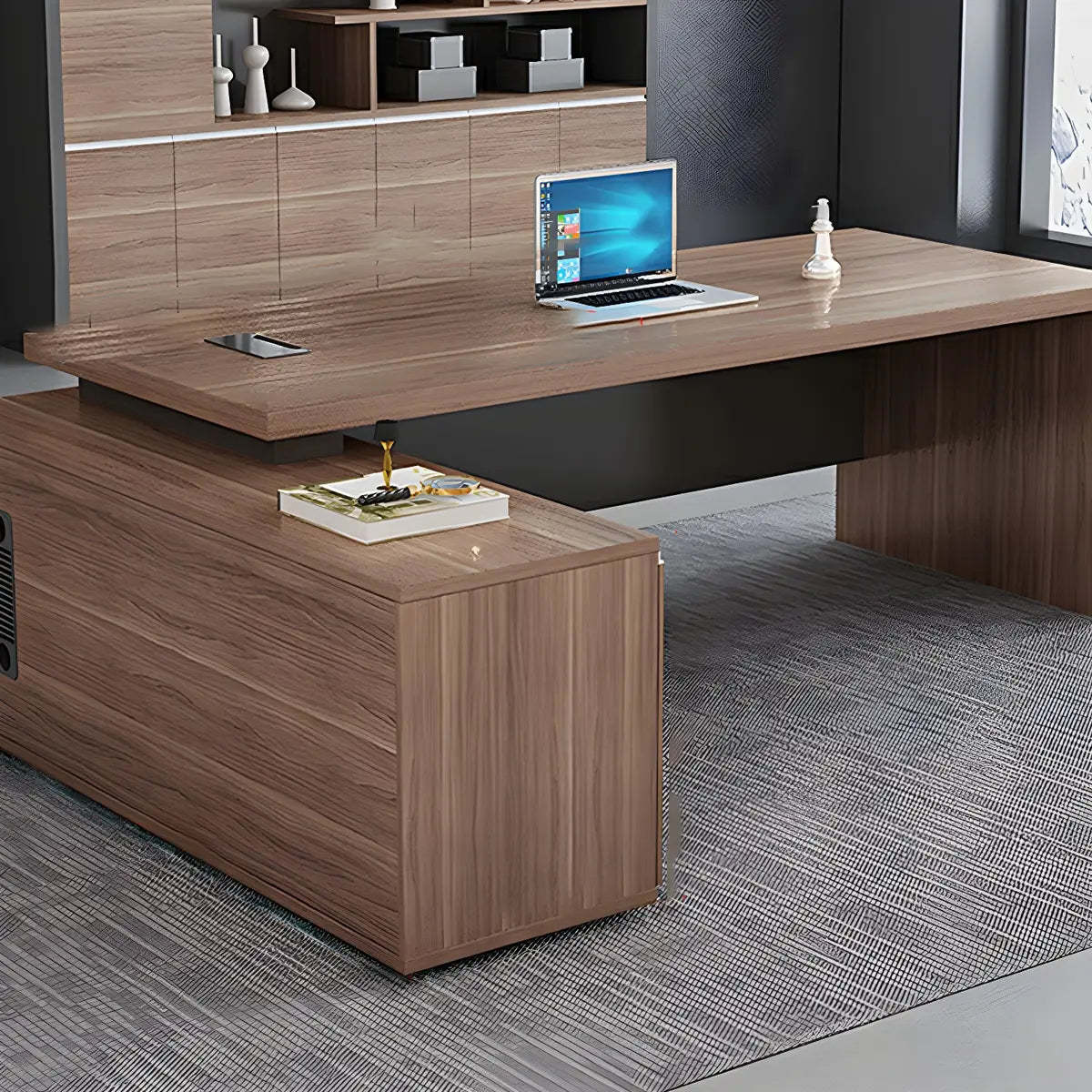Wood L-Shape Computer Desk with Drawers Shelf and Cabinet