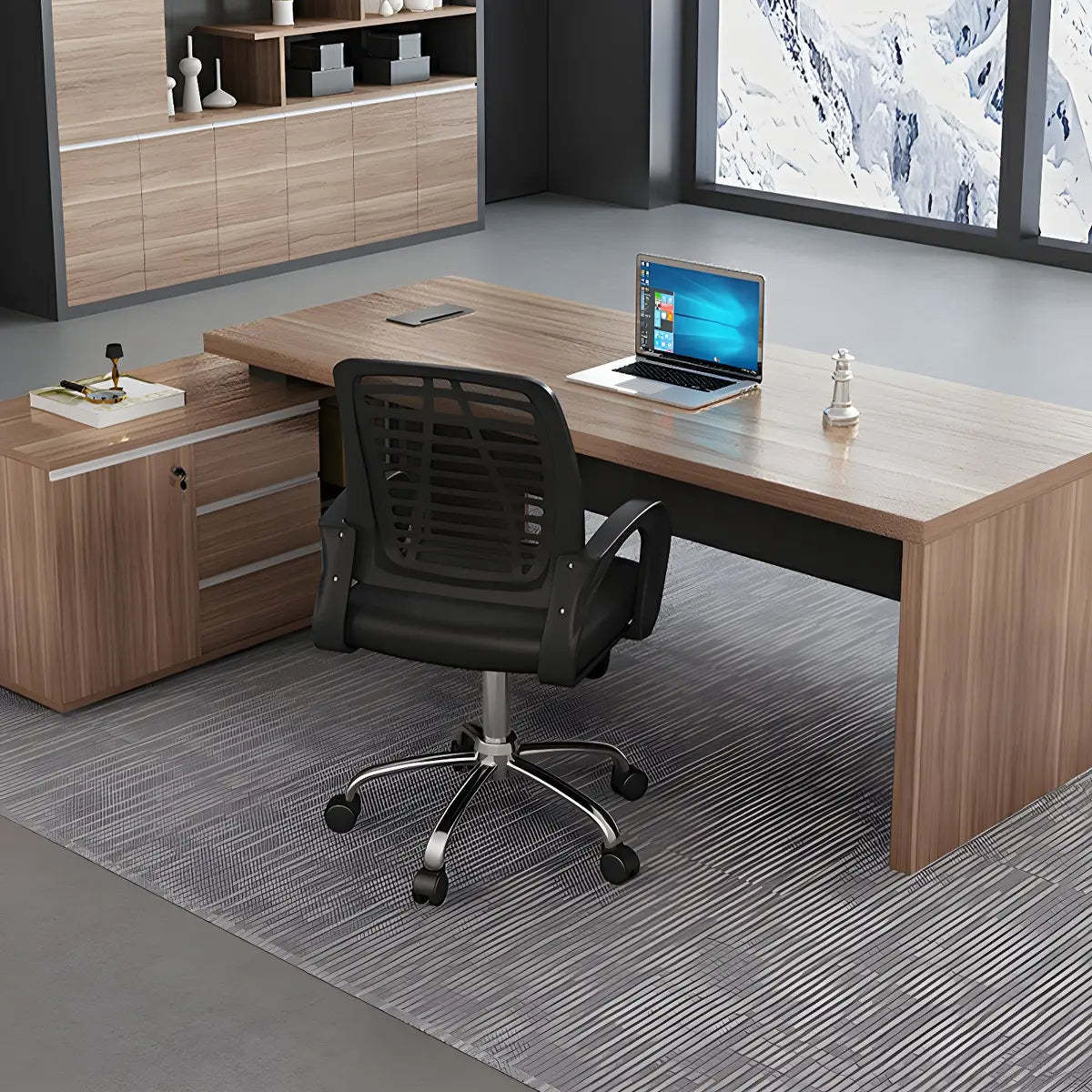 Wood L-Shape Computer Desk with Drawers Shelf and Cabinet