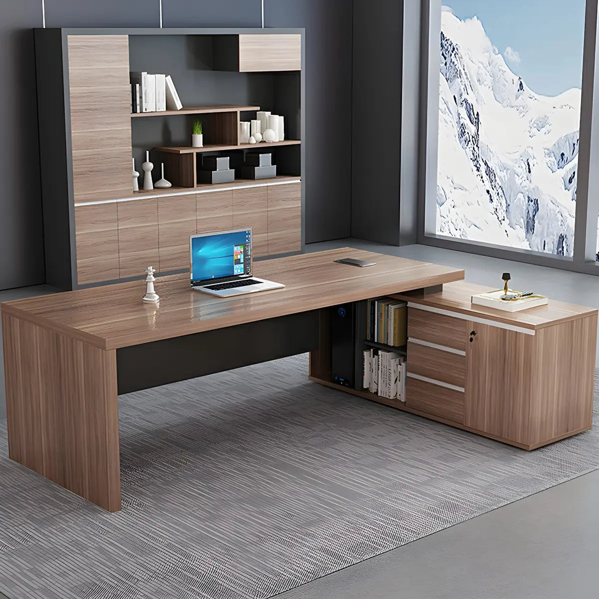 Wood L-Shape Computer Desk with Drawers Shelf and Cabinet