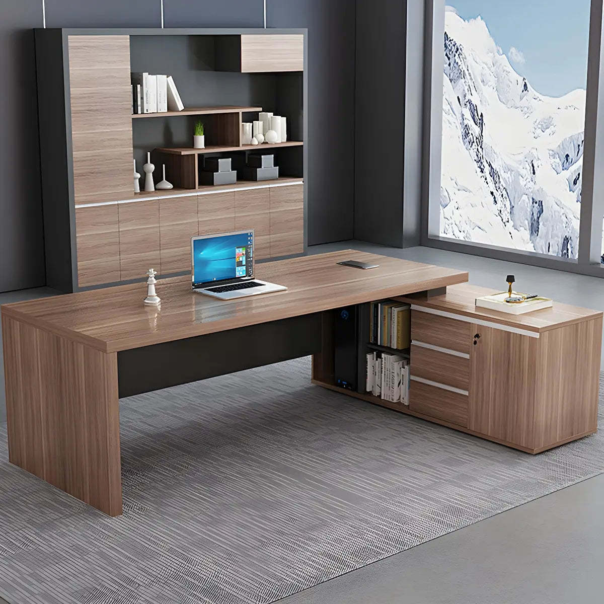 Wood L-Shape Computer Desk with Drawers Shelf and Cabinet