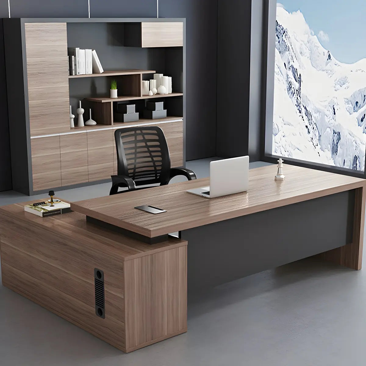 Wood L-Shape Computer Desk with Drawers Shelf and Cabinet