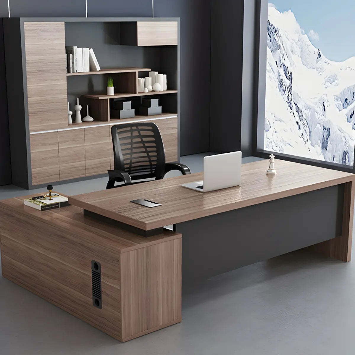 Wood L-Shape Computer Desk with Drawers Shelf and Cabinet