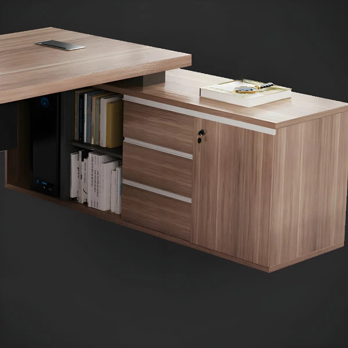 Wood L-Shape Computer Desk with Drawers Shelf and Cabinet