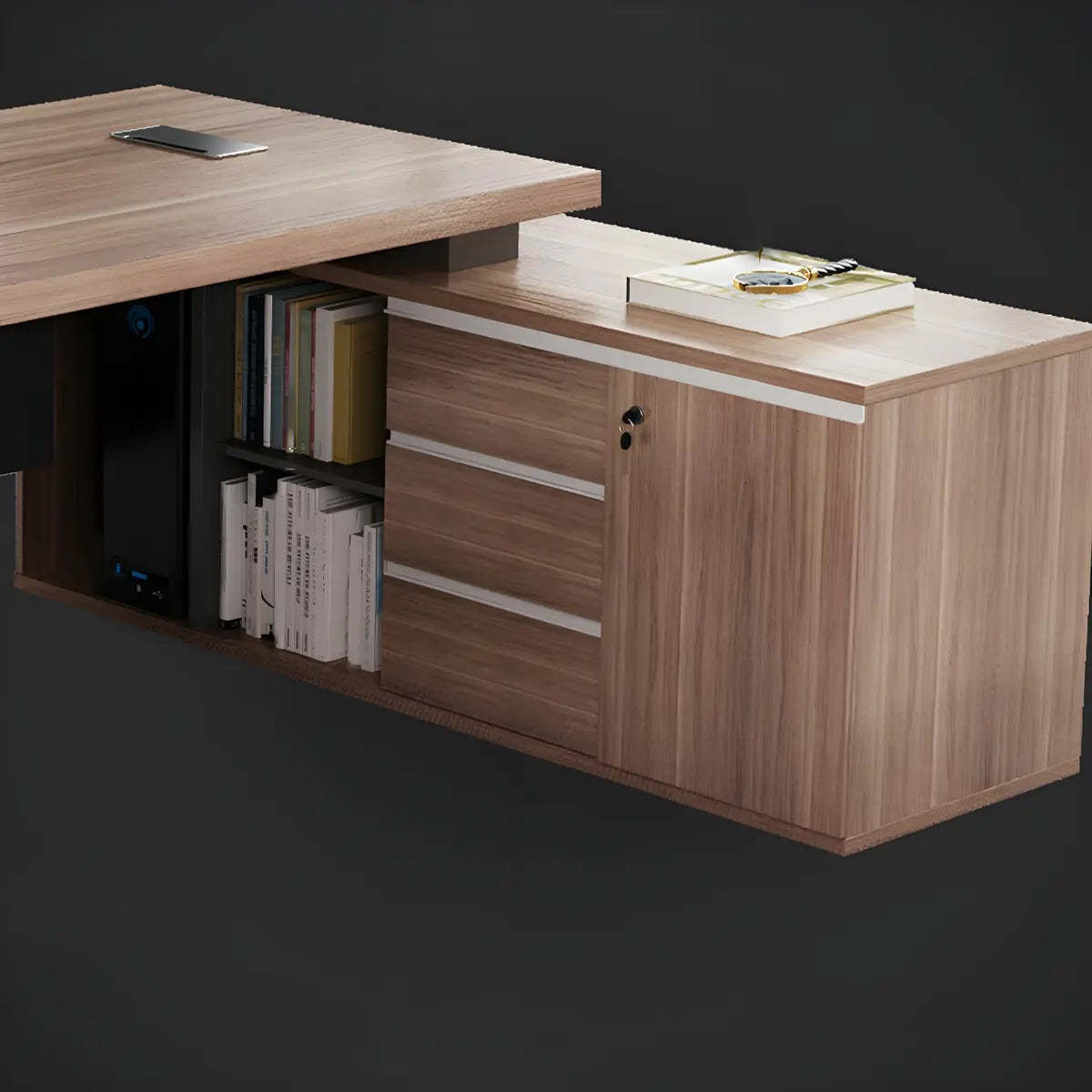Wood L-Shape Computer Desk with Drawers Shelf and Cabinet