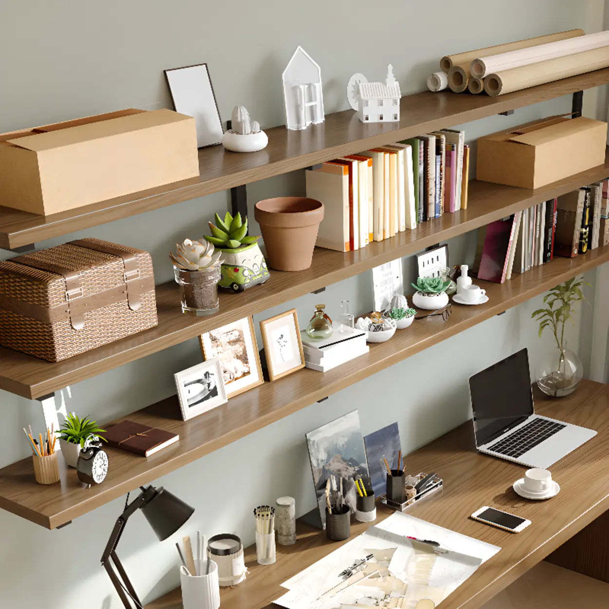 Wooden Rectangular Writing Desk with Shelf