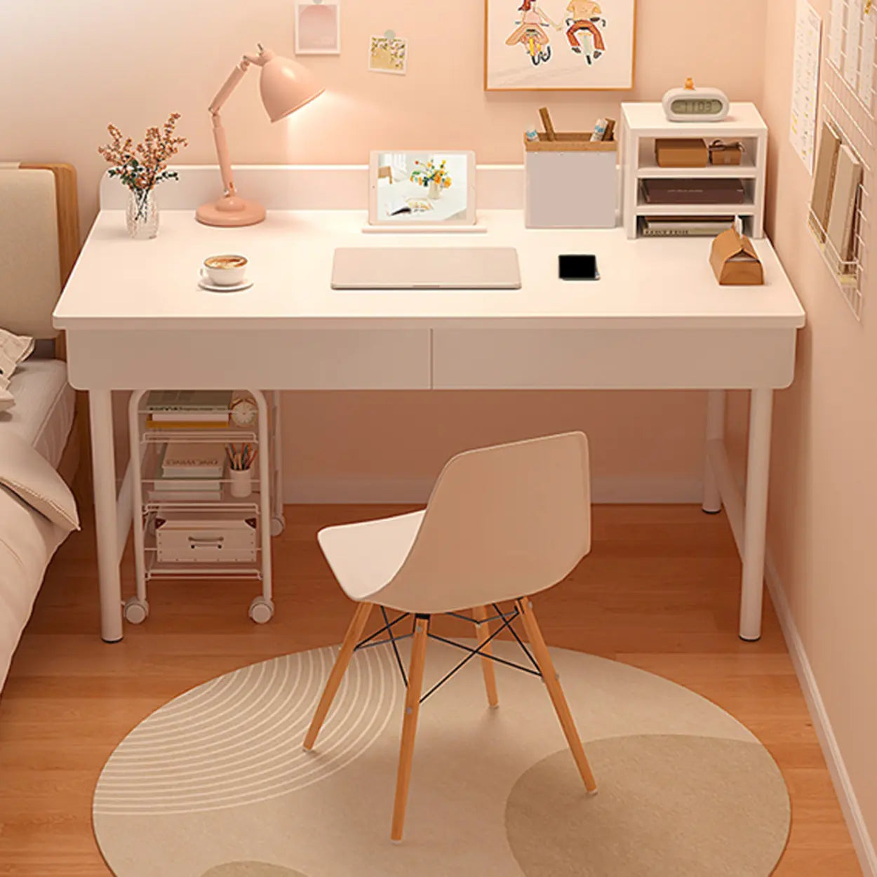 Wood H-Base Home Writing Desk with Drawers — White / Table Only