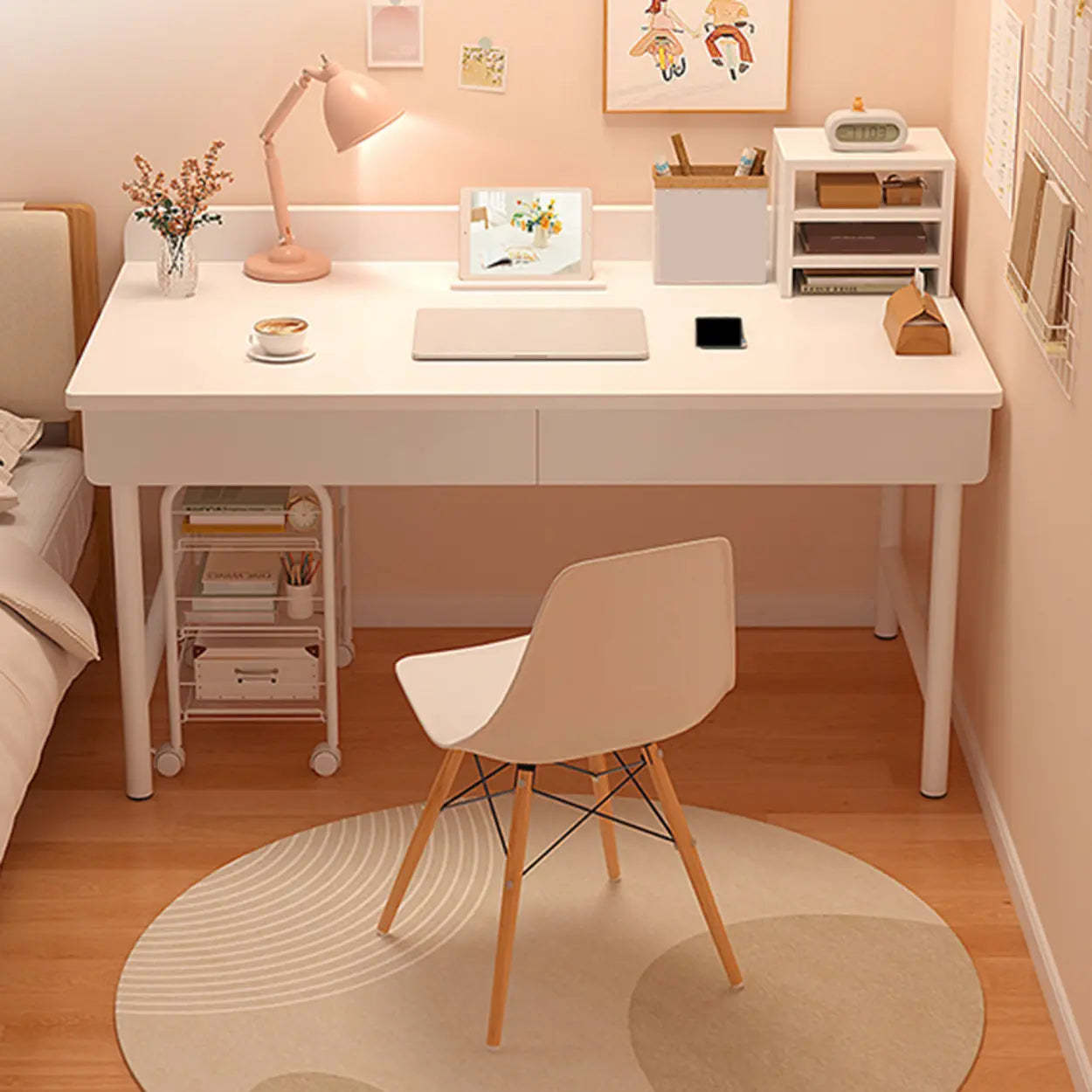 Wood H-Base Home Writing Desk with Drawers — White / Table Only