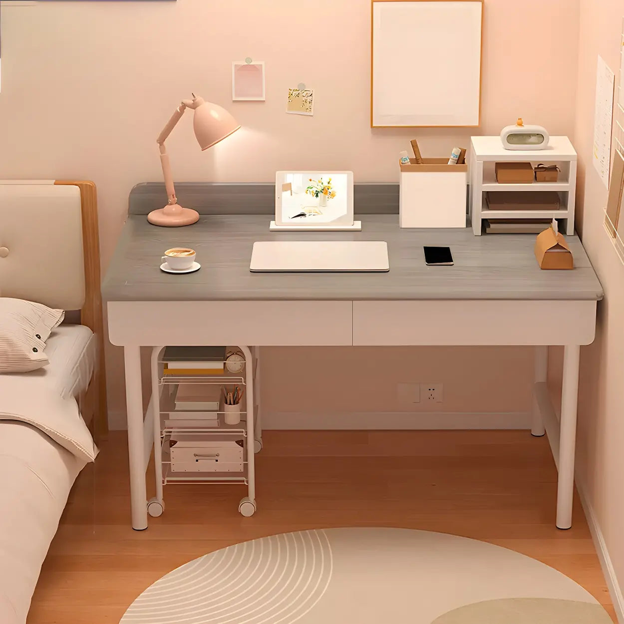 Wood H-Base Home Writing Desk with Drawers — Grey / Table Only