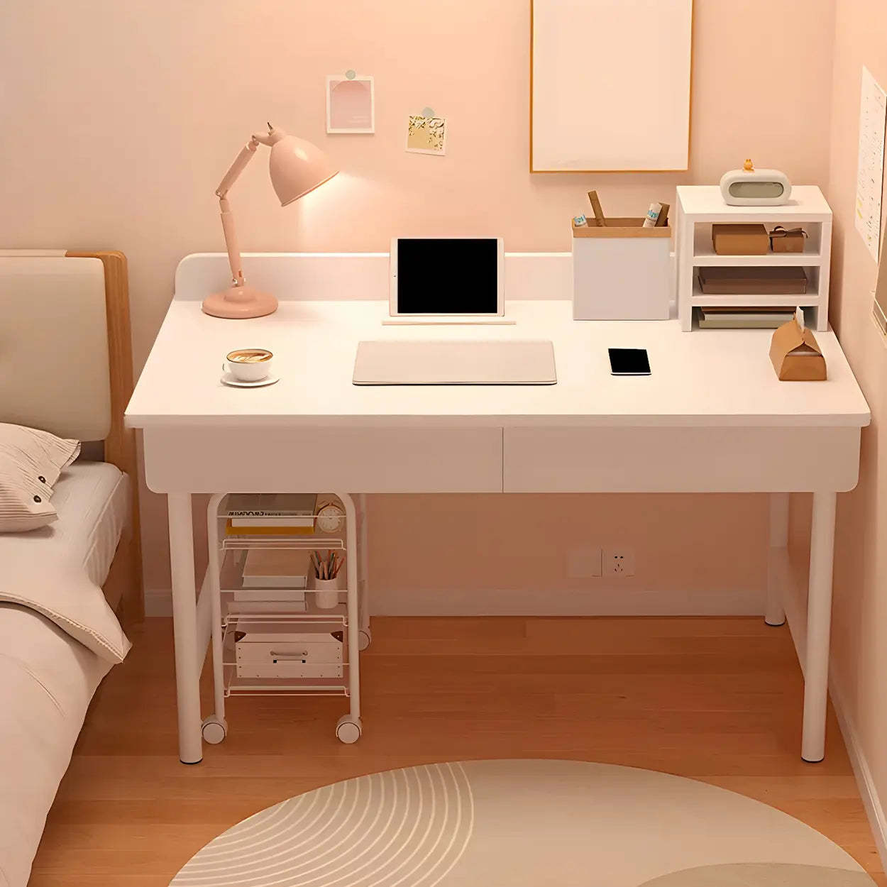 Wood H-Base Home Writing Desk with Drawers — White / Table Only