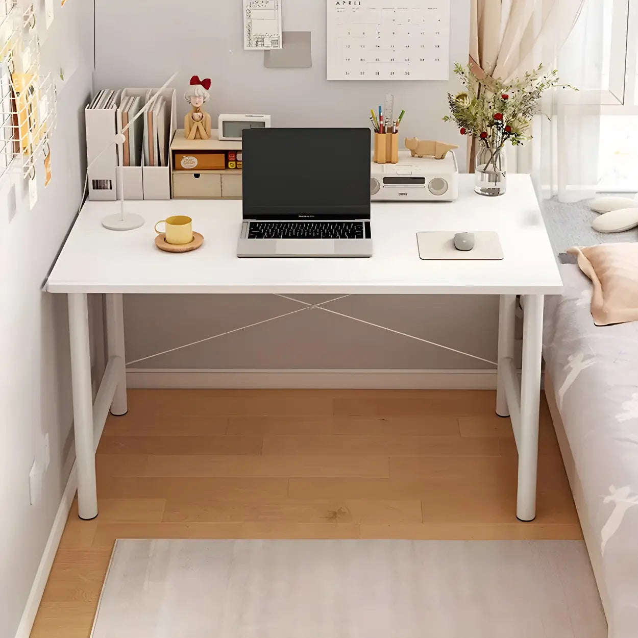 Wood H-Base Home Writing Desk with Drawers — White / Table Only
