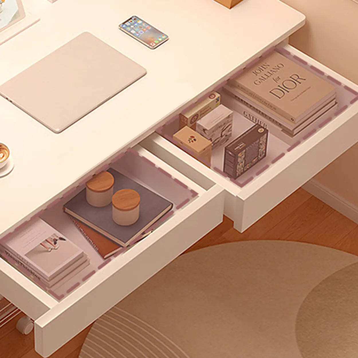 Wood H-Base Home Writing Desk with Drawers — White / Table Only