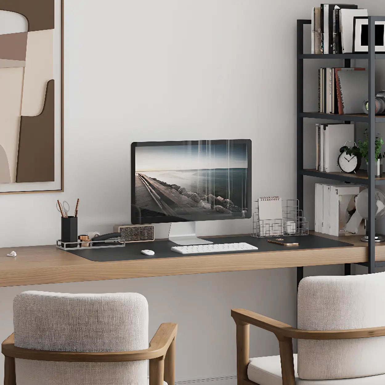 Wood Rectangle Shelf Double Computer Desk — Without Chairs