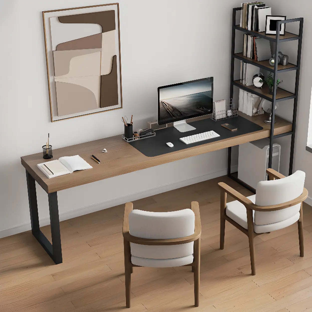 Wood Rectangle Shelf Double Computer Desk — Without Chairs