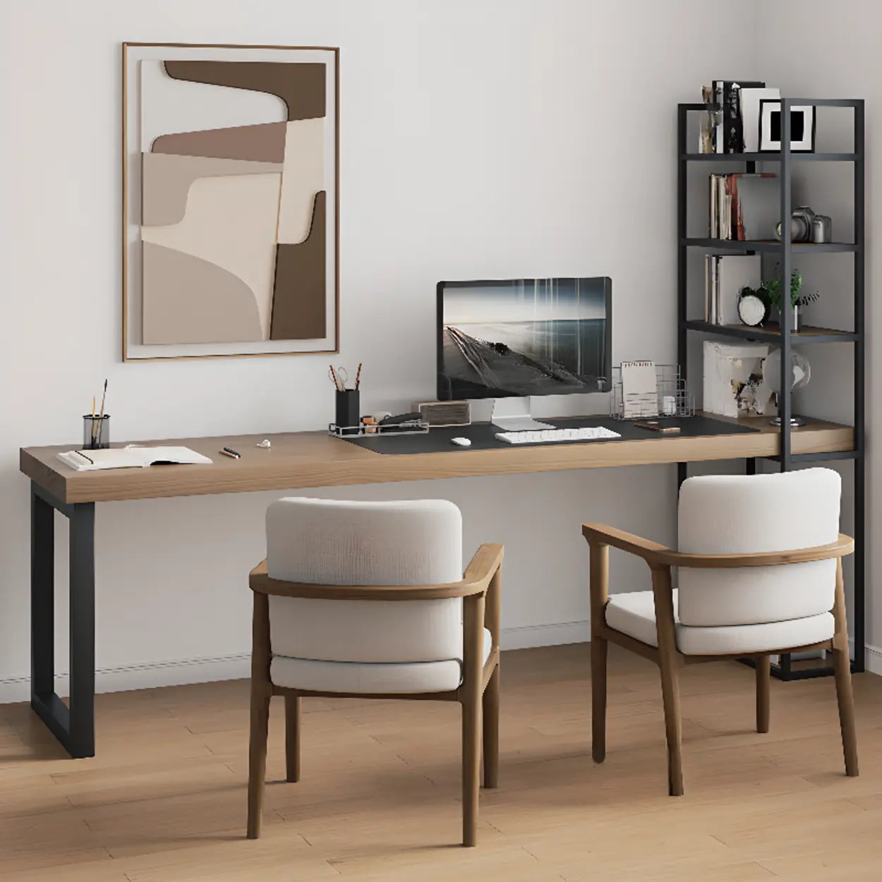 Wood Rectangle Shelf Double Computer Desk — Without Chairs